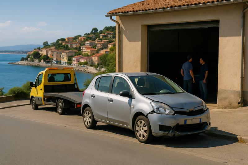 Voiture citadine grise en panne garée