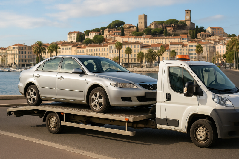 Voiture en panne chargée sur un camion-remorque à Cannes
